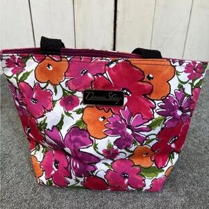 Donna Sharp Pink Floral Orange Tote Black Handle Handbag Purse